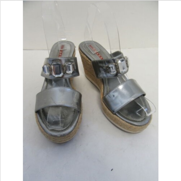 PRADA silver crystal wedge sandals sz 36.5 - Picture 1 of 8